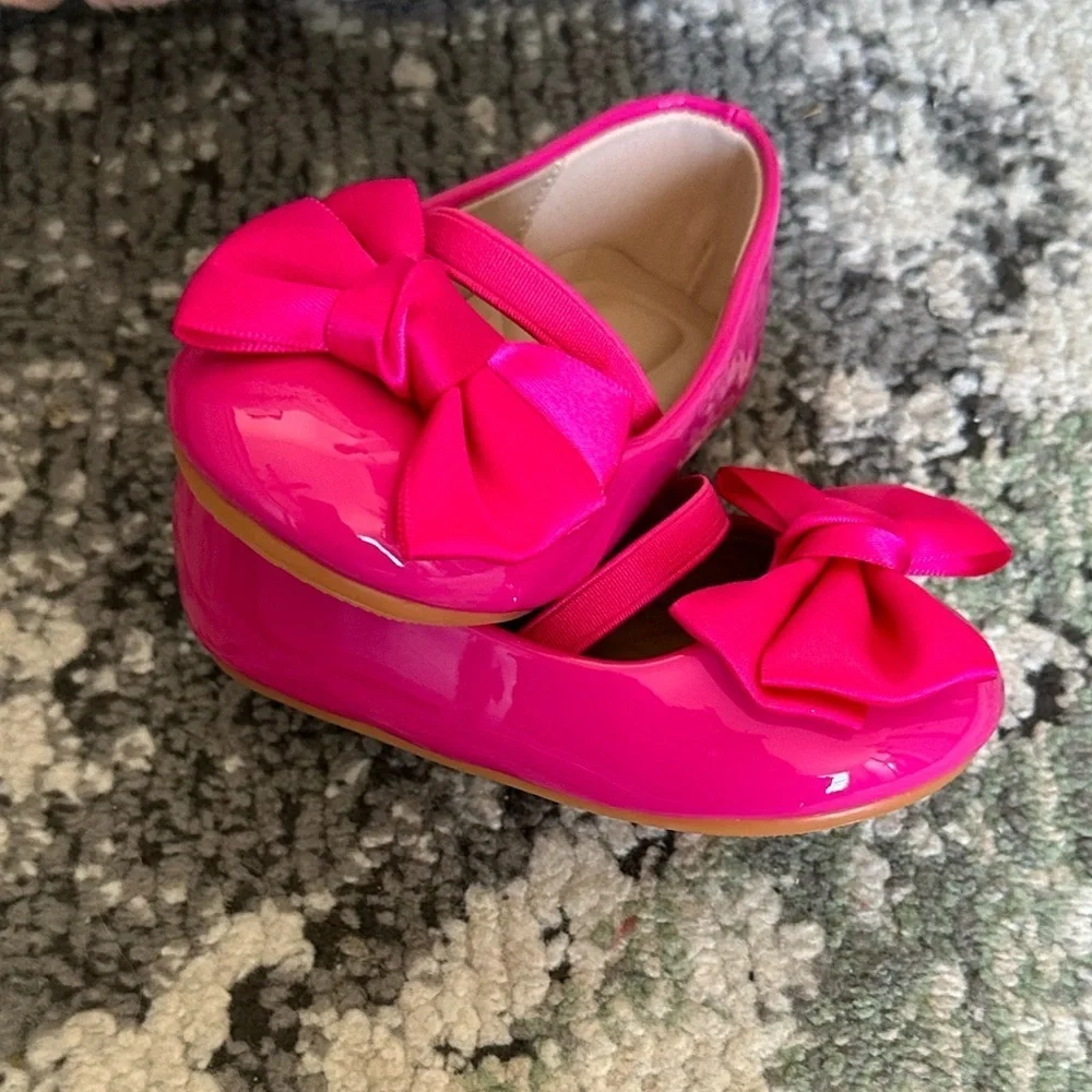 New Boutique Toddler Girl Dress Shoes Pink Bow Front Comfort Padding Size 6.5